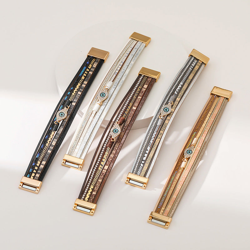 Wholesale Devil's Eye Diamond Design Multi-Layer Pu Leather Ethnic Style Bracelet